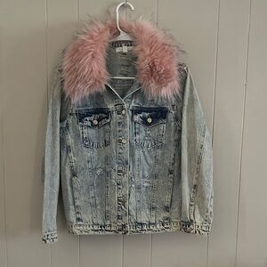 Honey Punch Denim Jacket with Pink Faux Fur Collar